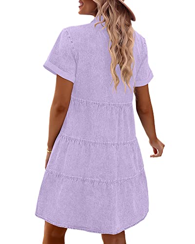 Denim Dress for Women Babydoll Tiered Short Sleeve Button Down Jean Shirt Dresses