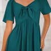 Summer Dress for Women 2025 Casual Short Sleeve Bow Tie V Neck Ruffle Midi Flowy Dresses