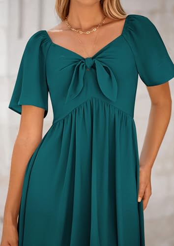 Summer Dress for Women 2025 Casual Short Sleeve Bow Tie V Neck Ruffle Midi Flowy Dresses