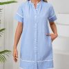 Women's Short Sleeve Summer Shirt Dress Button Down Belted Tunic Mini Dresses RIC Rac Trim Sundress with Pockets