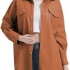 Women Faux Leather Shacket Jacket,Spring Fall Vegan Pleather Casual Lapel Button Down Long Sleeve Shirts