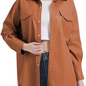 Women Faux Leather Shacket Jacket,Spring Fall Vegan Pleather Casual Lapel Button Down Long Sleeve Shirts