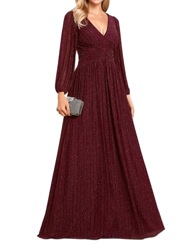 Women's A-Line Long Lantern Sleeves Formal Gowns Empire Waist Long Glitter Evening Dress