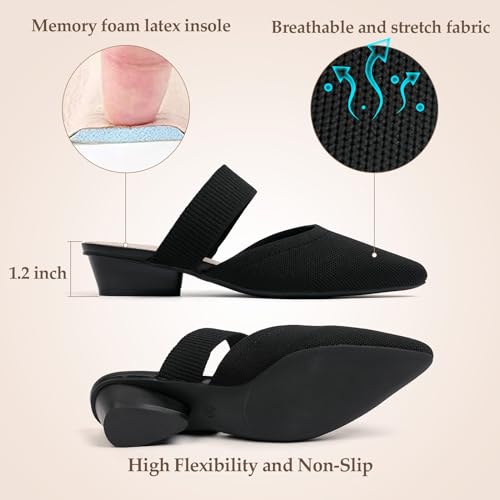 Pointed Toe Mules for Women Chunky Low Heeled Sandals Breathable Backless Mesh Knit Slip on Loafers