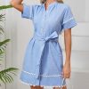 Women's Short Sleeve Summer Shirt Dress Button Down Belted Tunic Mini Dresses RIC Rac Trim Sundress with Pockets