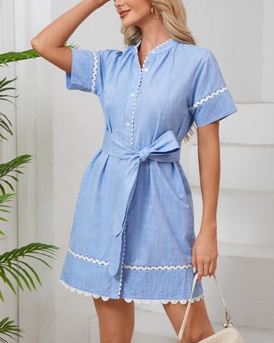 Women's Short Sleeve Summer Shirt Dress Button Down Belted Tunic Mini Dresses RIC Rac Trim Sundress with Pockets