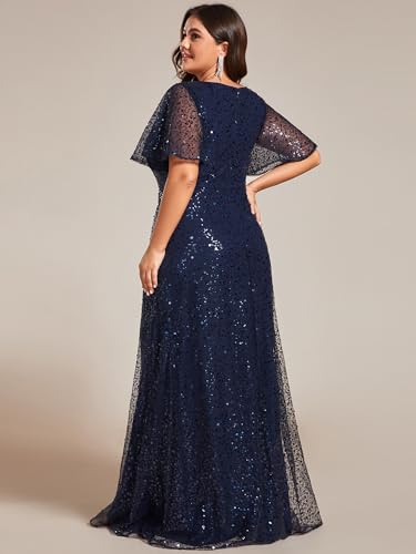 Women's V Neck Sequin Plus Size Ruffle Sleeves Long Formal Dresses 02120-DAPH