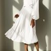 Women's Spring Midi Dress Long Puff Sleeve Wrap V Neck Flowy Ruffle Pleated Casual Fall Dresses