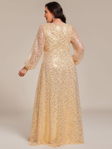 Women's Elegant A-Line V Neck Sheer Long Sleeves Plus Size Sequin Formal Dress Evening Gown