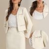 2 Piece Tweed Plaid Skirt Set for Women's Business Collarless Blazer and Mini Skirt Suit Sets