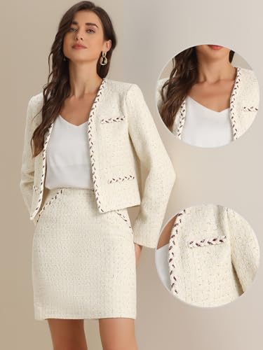 2 Piece Tweed Plaid Skirt Set for Women's Business Collarless Blazer and Mini Skirt Suit Sets