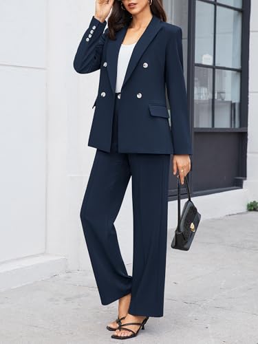 Women's 2 Piece Business Casual Outfits Double Breasted Blazer Dressy Wide Leg Work Pants Suits Set