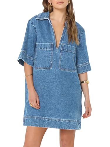 Womens Denim Shirt Dress Summer Collared V Neck Mini Casual Jean Dresses with Pockets