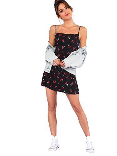 Women's Summer Floral Cherry Print A Line Short Cami Dress