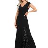 Women's V-Neck Cap Sleeves Sequin Mermaid Floor-Length Evening Dresses 01586