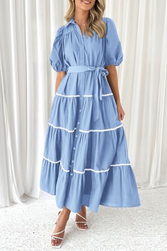Women's Summer Button Down Shirt Dress Short Puffy Sleeve Tiered Ruffle Flowy Long Maxi Dresses