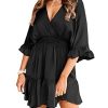 Womens V Neck Casual Dresses Summer Loose High Waist Ruffle Pleated Cute Mini Short Dress