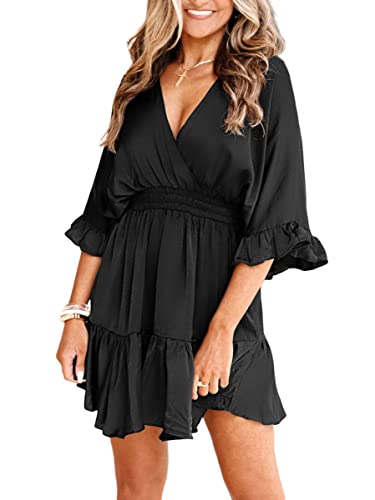 Womens V Neck Casual Dresses Summer Loose High Waist Ruffle Pleated Cute Mini Short Dress