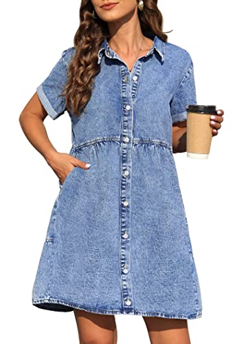 Denim Dress for Women with Pockets Short Sleeve Babydoll Denim Shirt Dresses for Women 2025