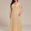 Women's Elegant A-Line V Neck Sheer Long Sleeves Plus Size Sequin Formal Dress Evening Gown