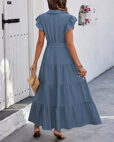Women's Summer Casual Dresses 2025 Cap Ruffle Sleeve V Neck Button Belted Tiered Boho Maxi Dress with Pockets