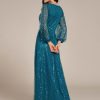 Women's Sparkle Sequin A-Line V Neck Beaded Evening Gown Long Sheer Sleeves Formal Dresses 01999