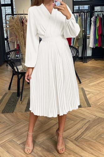 Women's Spring Midi Dress Long Puff Sleeve Wrap V Neck Flowy Ruffle Pleated Casual Fall Dresses