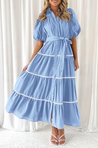Women's Summer Button Down Shirt Dress Short Puffy Sleeve Tiered Ruffle Flowy Long Maxi Dresses