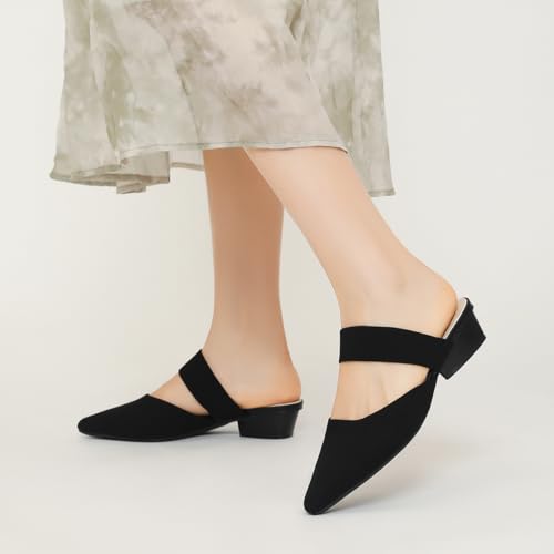 Pointed Toe Mules for Women Chunky Low Heeled Sandals Breathable Backless Mesh Knit Slip on Loafers