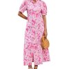 Women's Summer Floral Midi Dress Casual Ruffle Neck Puff Sleeve Button Down Shirt Dresses，No Stretch