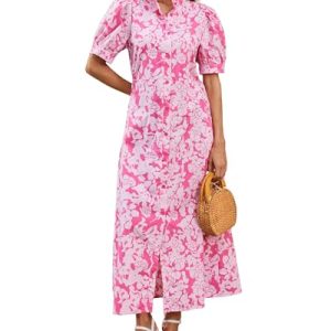 Women's Summer Floral Midi Dress Casual Ruffle Neck Puff Sleeve Button Down Shirt Dresses，No Stretch