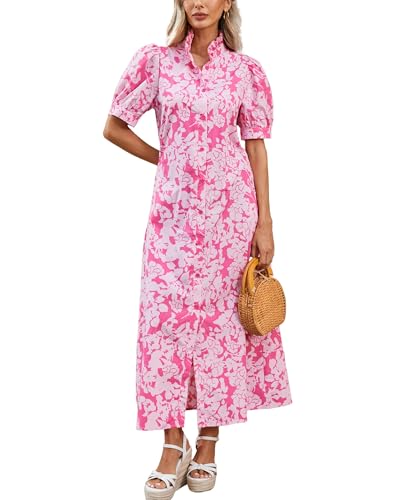 Women's Summer Floral Midi Dress Casual Ruffle Neck Puff Sleeve Button Down Shirt Dresses，No Stretch