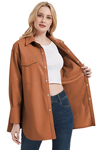 Women Faux Leather Shacket Jacket,Spring Fall Vegan Pleather Casual Lapel Button Down Long Sleeve Shirts
