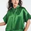 Women's Button Down Shirts Short Sleeve Cropped Dressy Casual Shirts Tops Loose Business Work Blouses