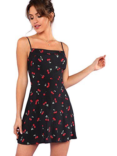 Women's Summer Floral Cherry Print A Line Short Cami Dress