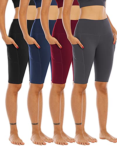 4 Pack Biker Yoga Shorts with Pockets for Women,High Waisted Athletic Running Workout Gym Shorts Tummy Control