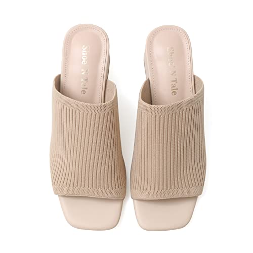 Knit Heeled Sandals for Women Square Open Toe Mules Block Low Heel Slip On Slides