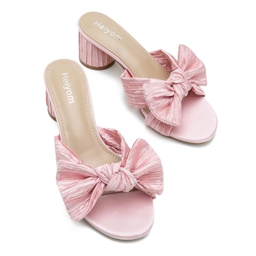 Women's Bowknot Low Chunky Heels Mules Sandals Slip on Pleated Bow Heels Wedding Bridal Party Dress Shoes