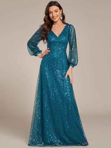 Women's Sparkle Sequin A-Line V Neck Beaded Evening Gown Long Sheer Sleeves Formal Dresses 01999
