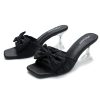 Women's Bowknot Heeled Sandals Square Toe Pleated Bow Heels Slippers Stilettos Mules Slip on Wedding Party Dress Shoe