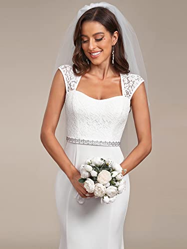 Women's Elegant Lace Cap Sleeve V Neck Beading Mermaid Wedding Dresses for Bride 00218