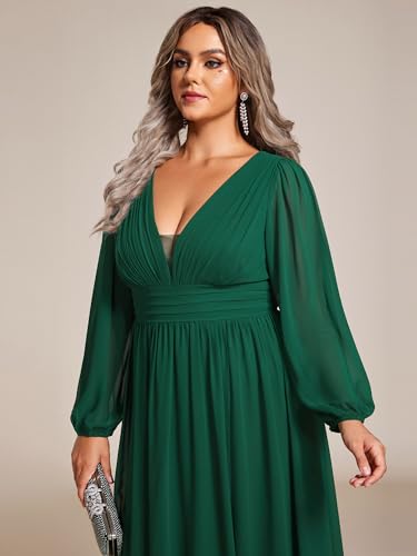Women's Gorgeous Plus Size V Neck Lantern Sleeves Pleated A Line High Low Wedding Guest Dresses 02043-DA