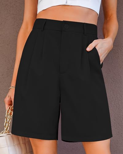 Bermuda Shorts for Women Dressy Casual High Waisted Summer Work Elastic Waist Pleated Dress Shorts with Pockets