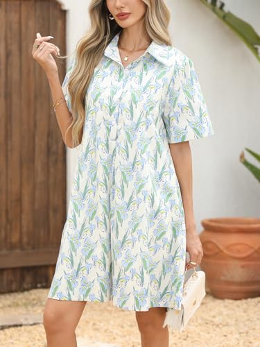 Summer Floral Dress Women's Printed Casual Sundress Short Sleeve Button Up Shirt Dresses with Pockets