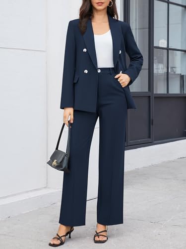 Women's 2 Piece Business Casual Outfits Double Breasted Blazer Dressy Wide Leg Work Pants Suits Set