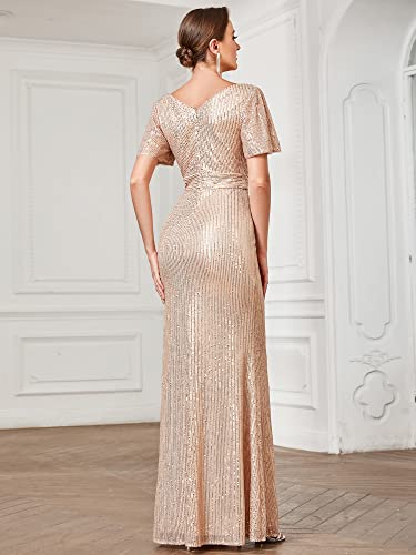 Women's Double V-Neck Flared Sleeves Memaid Sequin Floor Length Evening Dresses 01435