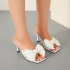 Women's Bow Knot Heeled Sandals Open Toe Low Kitten Heels Mules Sandals Slip On Pleated Wedding Bridal Party Dress Shoes
