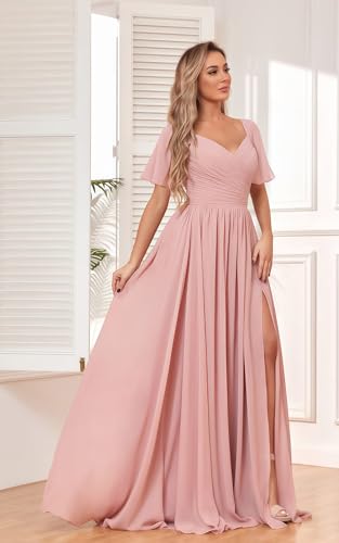Women's Chiffon Flutter Sleeve Bridesmaid Dress Long with Slit V-Neck Pleated Formal Evening Party Gowns