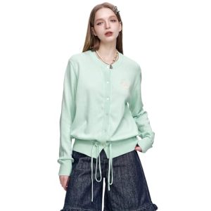 Womens Button-Down Cardigans Knit Stretchy Sweaters Drawstring Lightweight
