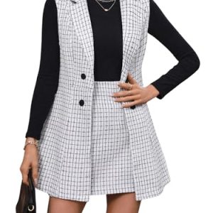 Women's 2 Piece Outfit Workwear Plaid Print Lapel Neck Vest Blazer and Skirt Set